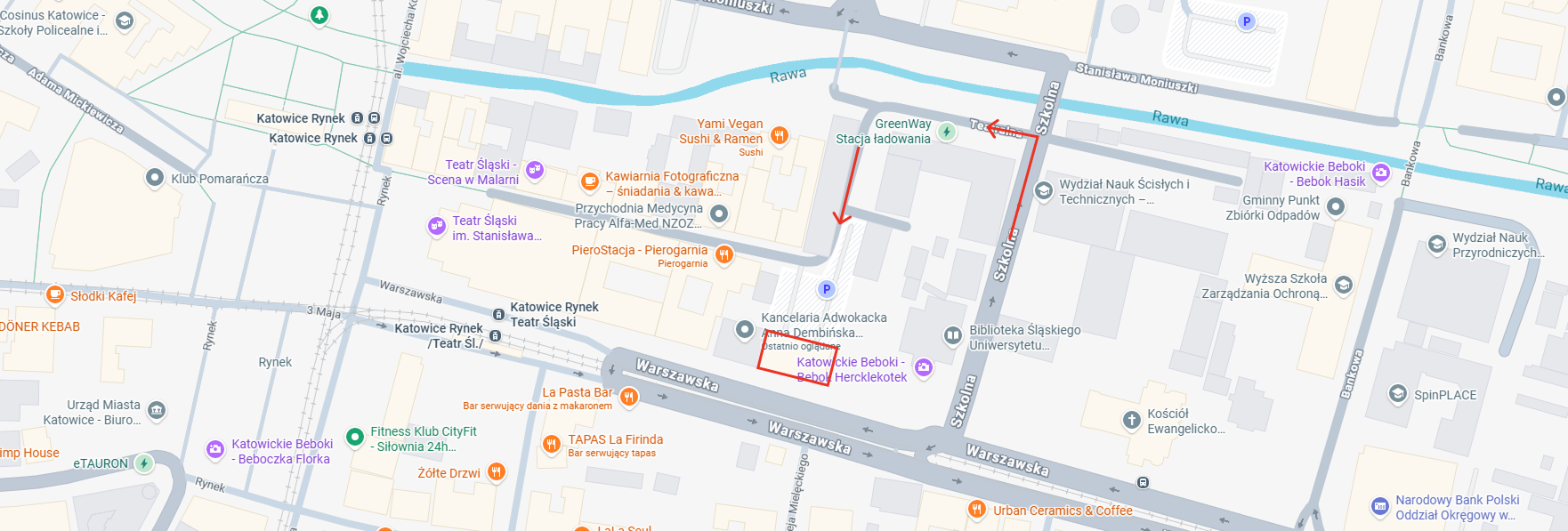 Mapa dojazdu do Kancelarii Adwokackiej Anna Dembińska, ul. Warszawska 10/44, Katowice